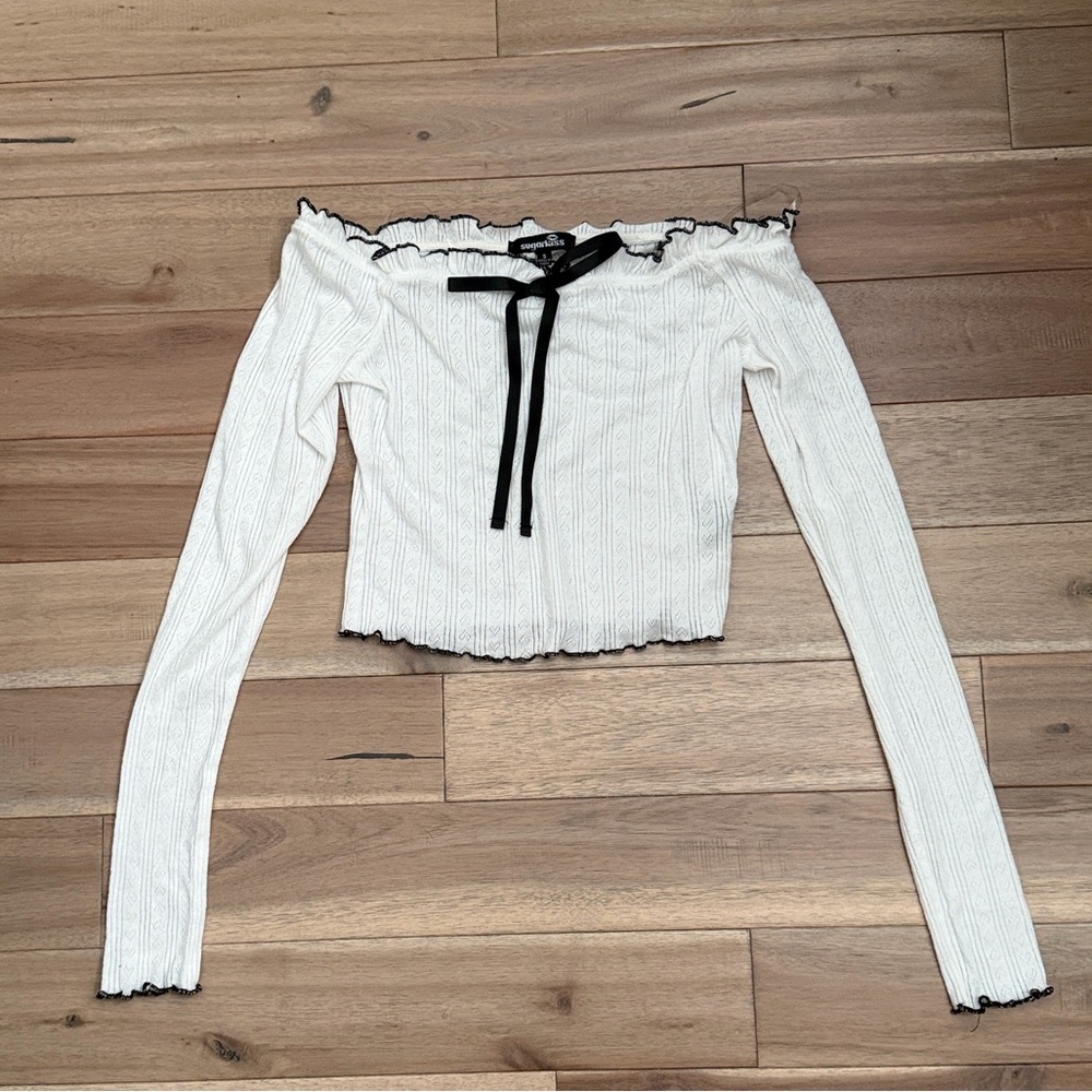 Off-Shoulder White pointelle Crop Top with Black Trim and bow
